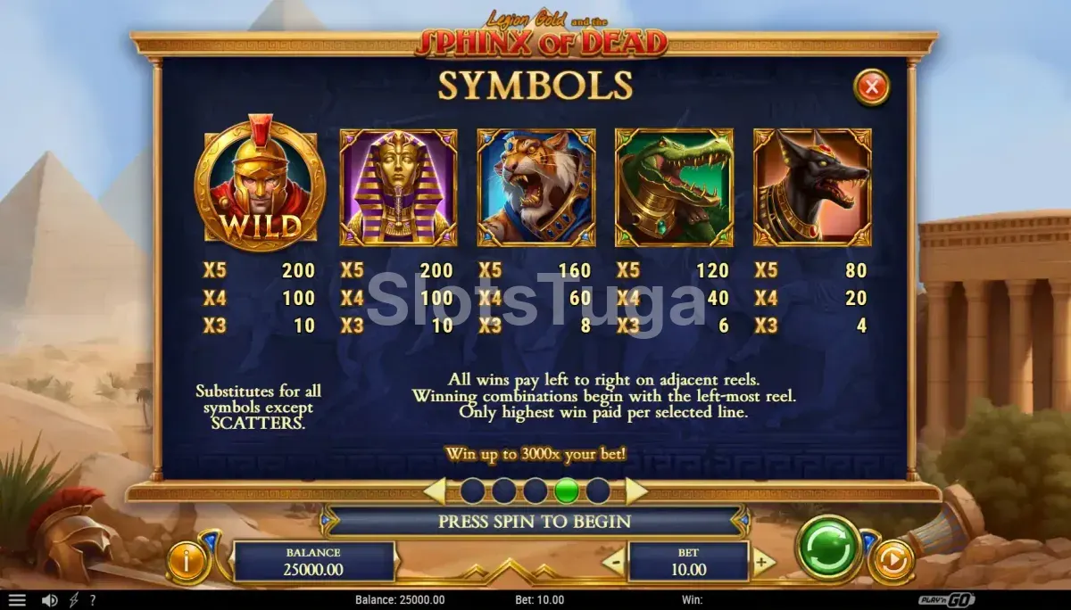 Tabela de pagamentos do Legion Gold and the Sphinx of Dead mostrando os símbolos e prêmios