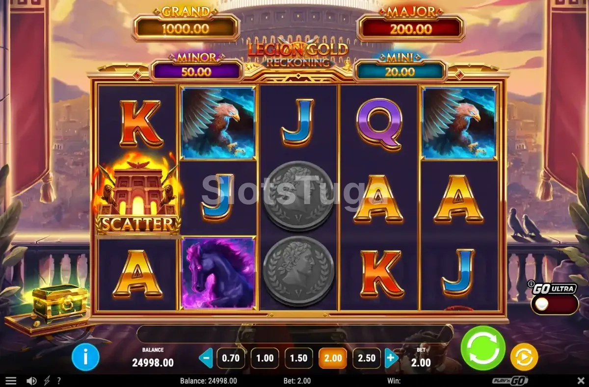 Tela inicial da slot Legion Gold Reckoning com símbolos dourados e temática romana