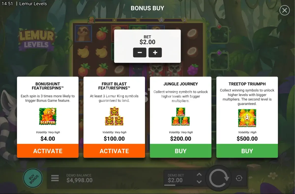 Menu de compra de bônus do jogo Lemur Levels com as opções disponíveis