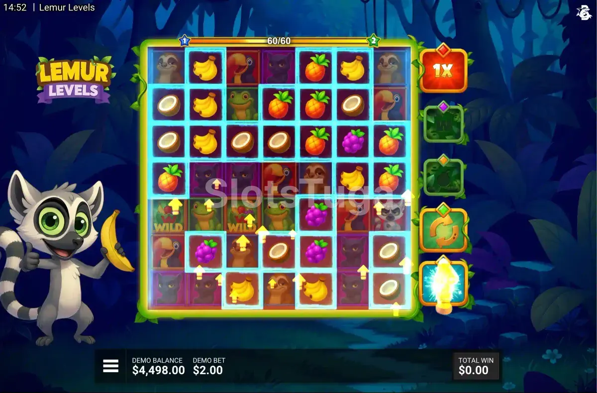 Rodadas grátis ativadas na slot Lemur Levels com multiplicadores em destaque