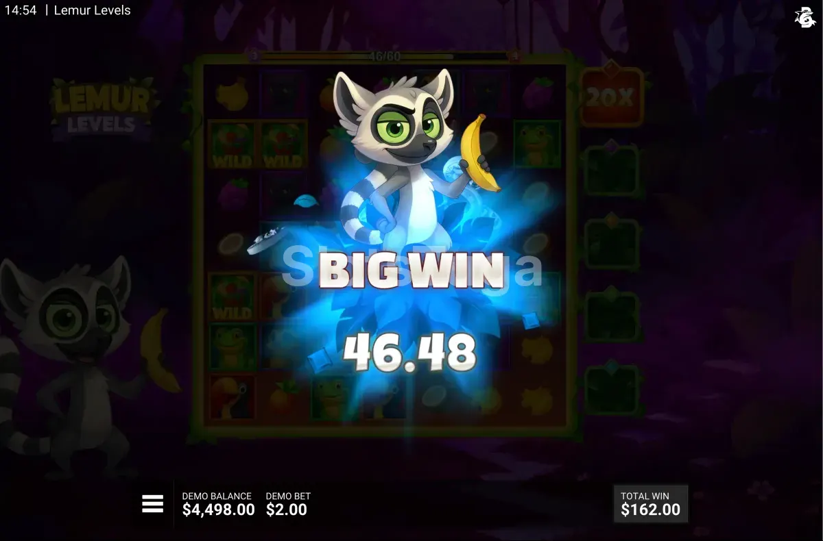 Tela de grande vitória na Lemur Levels com multiplicador alto em evidência