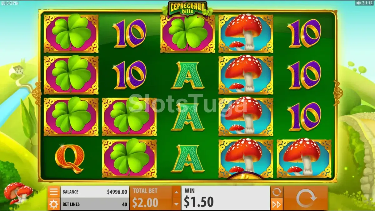 Segunda visão do jogo base do Leprechaun Hills com combinações vencedoras ativas