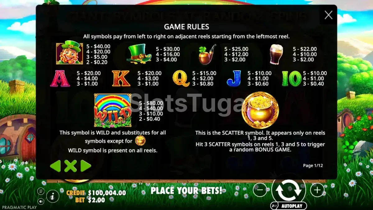 Tabela de pagamentos da Leprechaun Song mostrando símbolos e prêmios