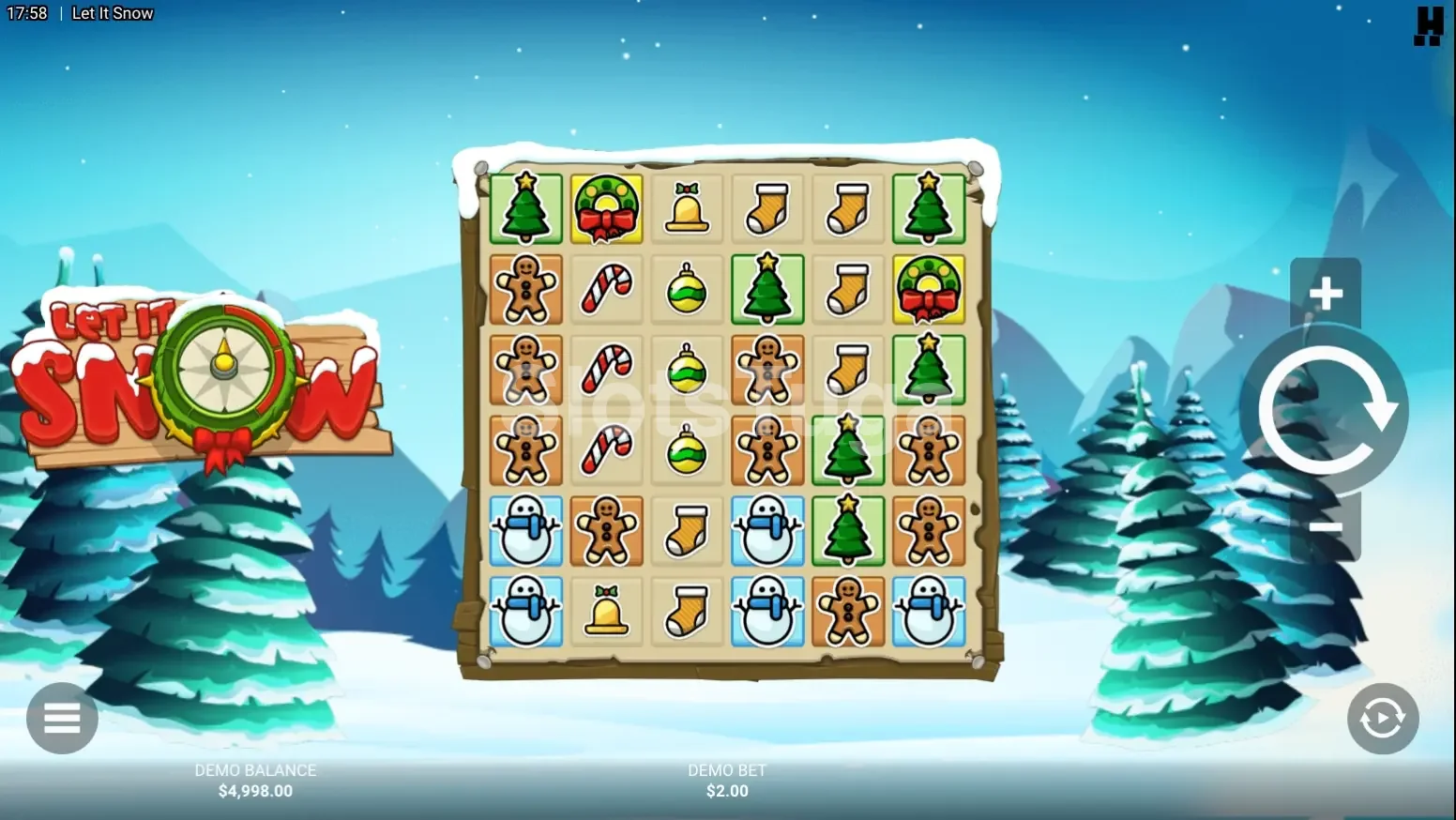 Tela inicial do jogo Let It Snow com o grid 6x6 e cenário de inverno