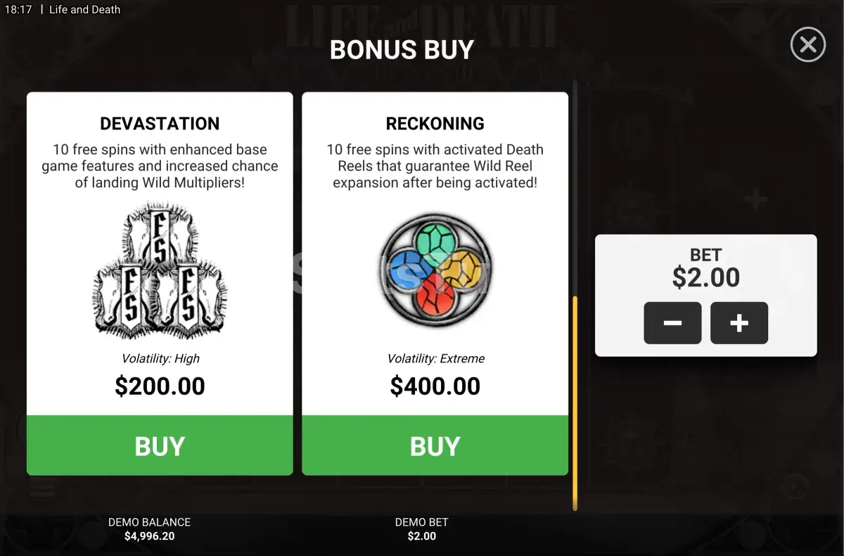 Tela de compra de bônus do Life and Death da Hacksaw Gaming