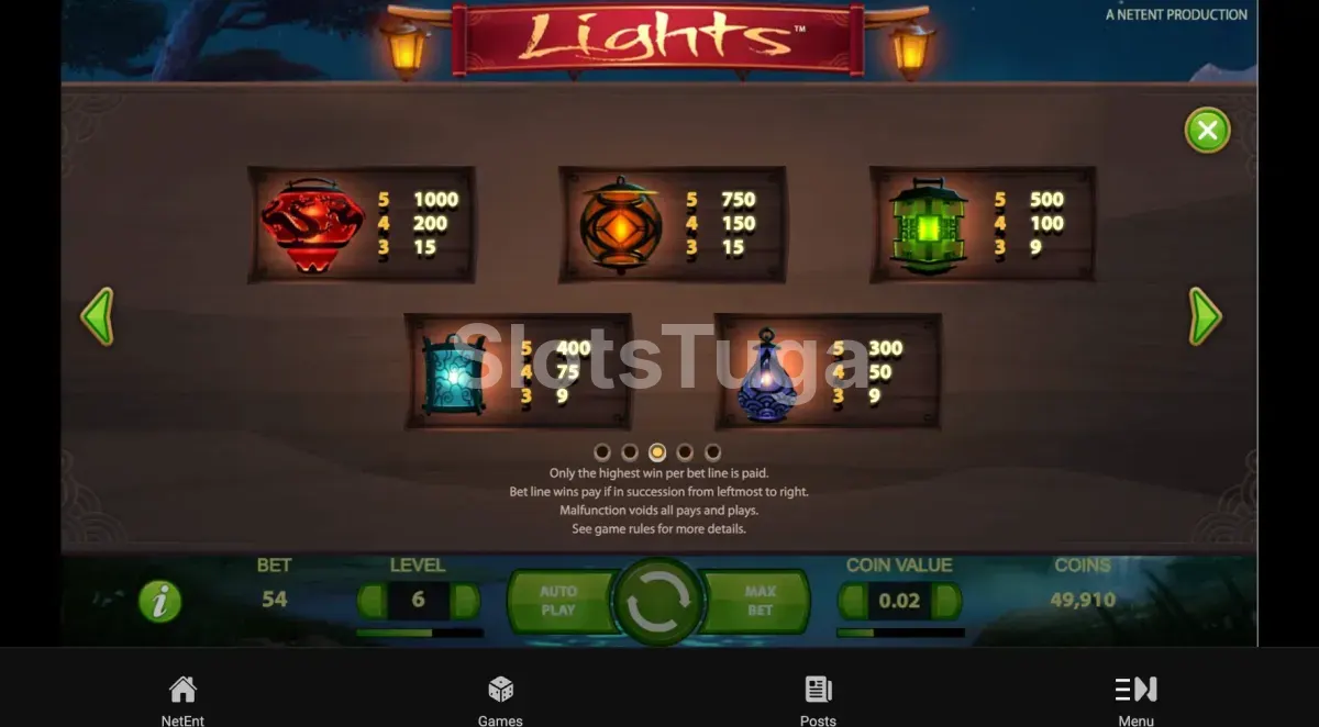 Tabela de pagamentos da slot Lights da NetEnt