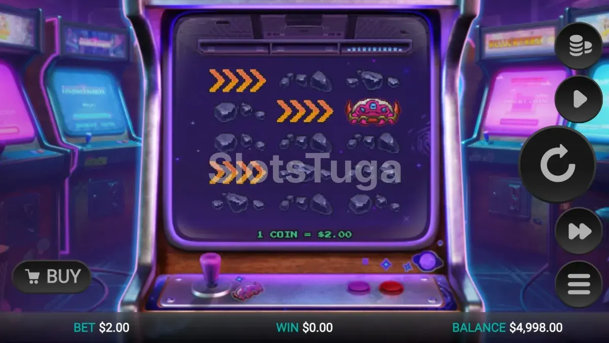 Jogo base da slot Line Busters Dream Drop com visual de fliperama retrô