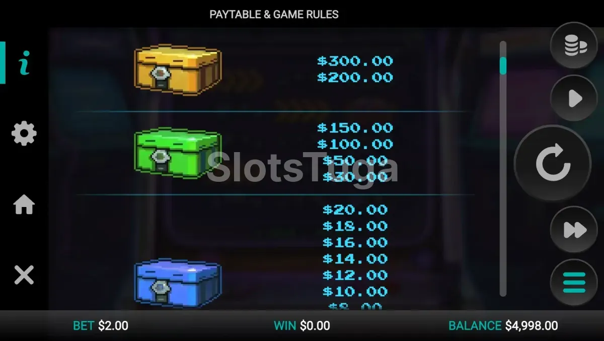Tabela de pagamentos da Line Busters Dream Drop com símbolos pixelados
