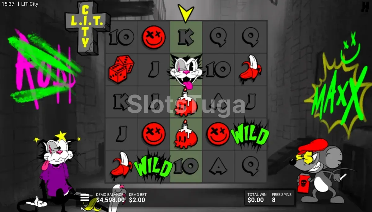 Ronda de free spins de LIT City com multiplicadores visíveis