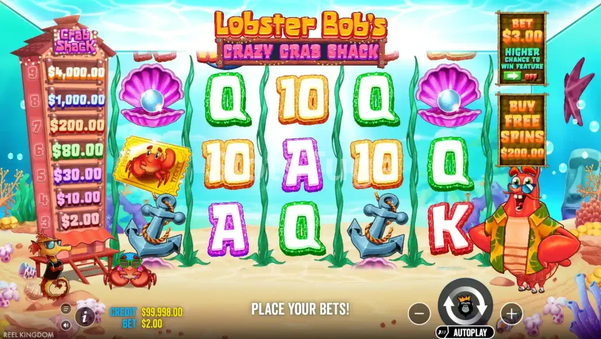 Jogo base da Lobster Bob's Crazy Crab Shack com grid 5x3 e cenário subaquático colorido