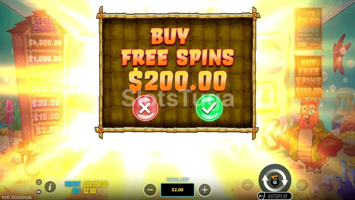 Tela de compra de bônus da Lobster Bob's Crazy Crab Shack com opções de Ante Bet