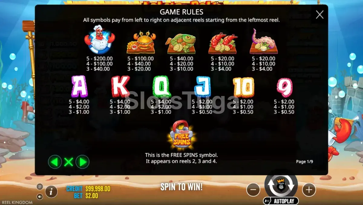 Tabela de pagamentos do Lobster Bob's Sea Food and Win It