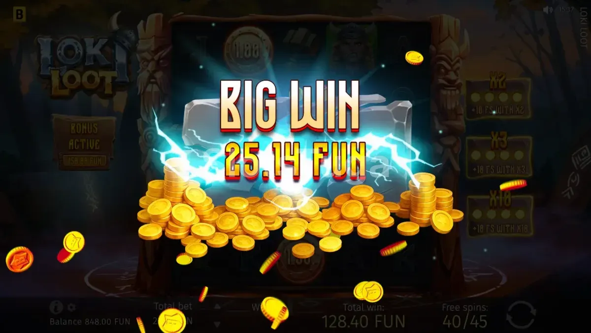 Big win no Loki Loot com celebração na tela e multiplicador alto