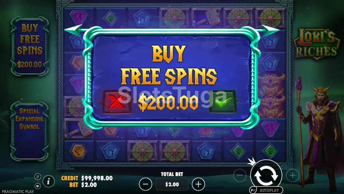 Tela de compra de bônus da slot Loki's Riches com opções de apostas