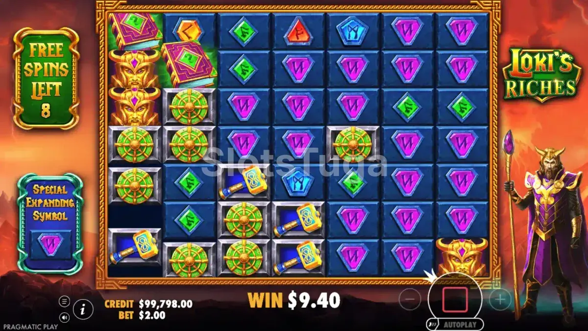 Rodadas grátis ativadas na slot Loki's Riches com cenário de lava