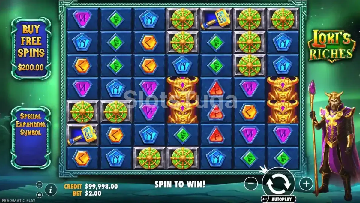 Jogo base da slot Loki's Riches com grade 7x7 e Loki ao lado