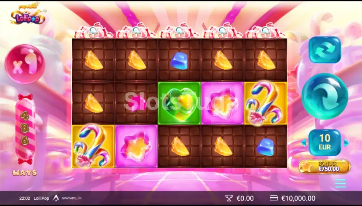 Jogo base da slot LolliPop com rolos coloridos e símbolos de pirulito