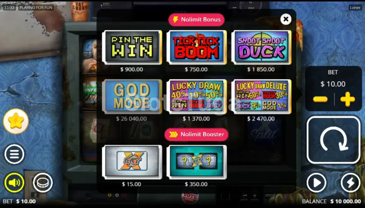 Tela de compra de bônus da slot Loner com as opções disponíveis