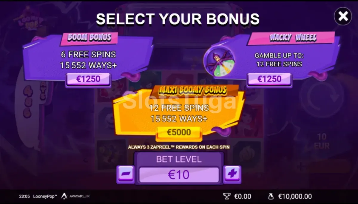 Menu de compra de bônus da LooneyPop com as opções disponíveis