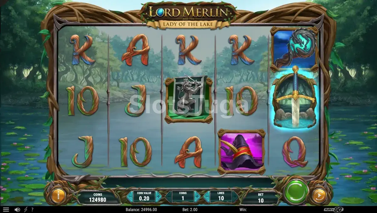 Segunda tela de jogo base da slot Lord Merlin and the Lady of the Lake com símbolos premiados