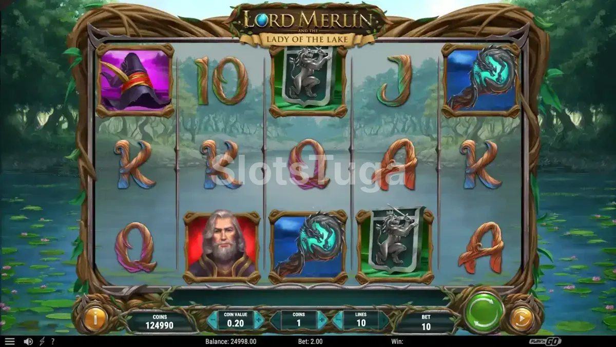 Tela principal da slot Lord Merlin and the Lady of the Lake mostrando os rolos em ação