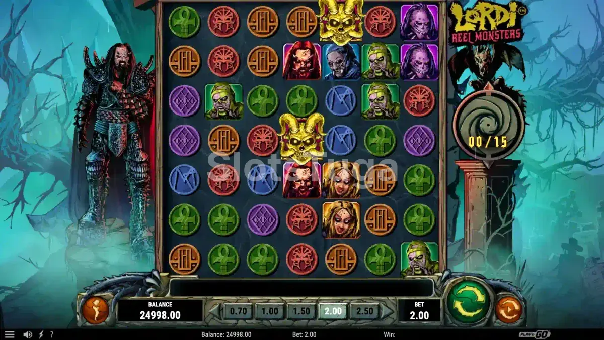 Jogo base da slot Lordi Reel Monsters com os monstros da banda em destaque