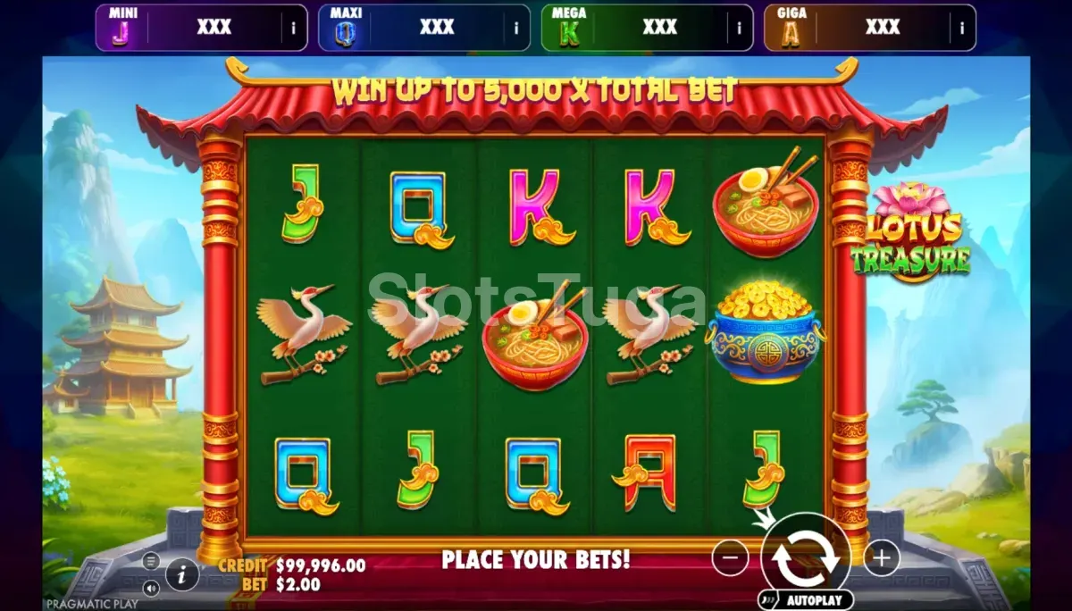 Segunda vista do jogo base de Lotus Treasure com painel de aposta