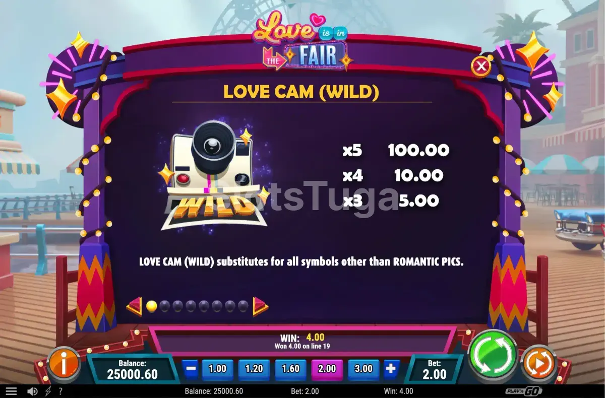 Tabela de pagamentos da slot Love is in the Fair mostrando símbolos e prêmios