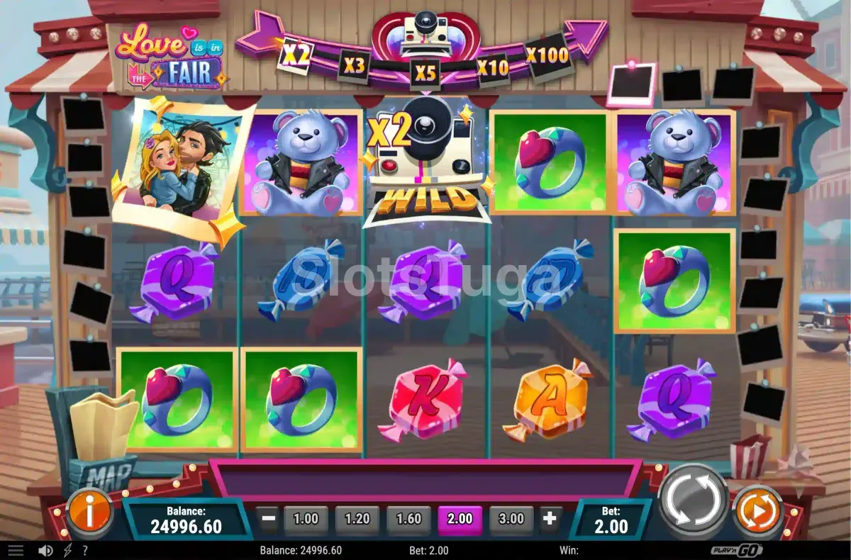 Jogo base da slot Love is in the Fair com tema de parque de diversões