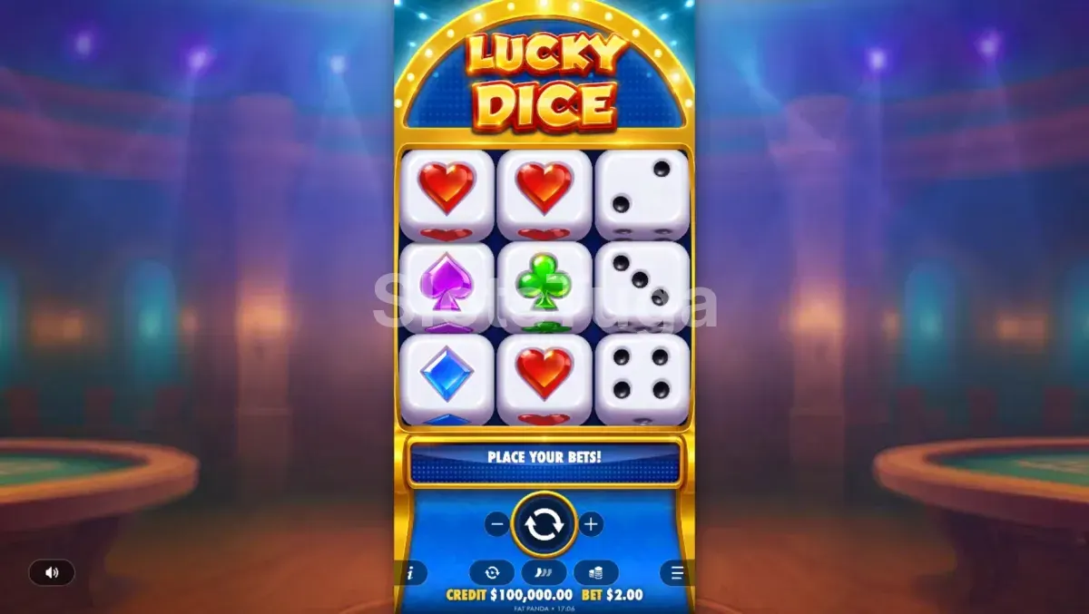 Tela principal da slot Lucky Dice com seus três rouleaux e símbolos clássicos
