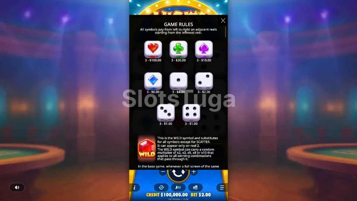 Tabela de pagamentos da Lucky Dice mostrando os valores dos símbolos