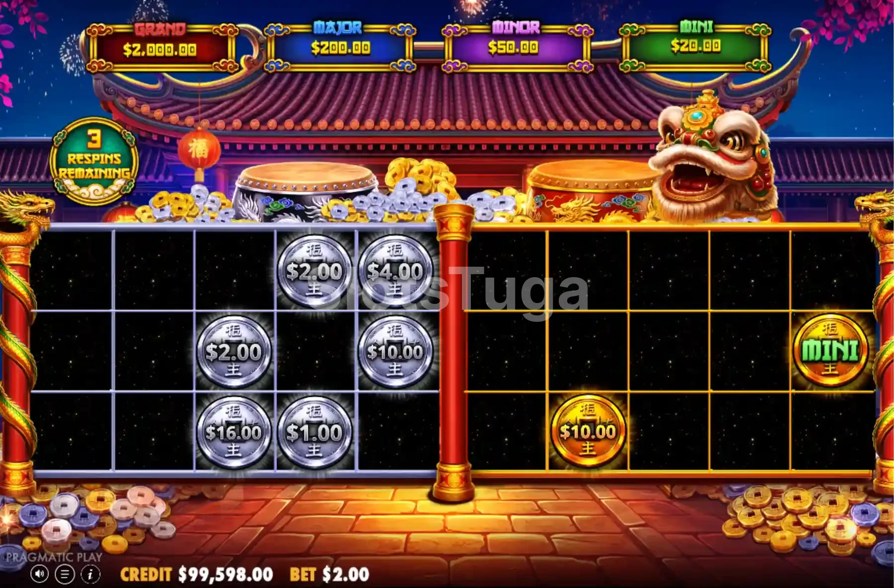 Ronda de hold and win com grelha dupla em Lucky Drums 88