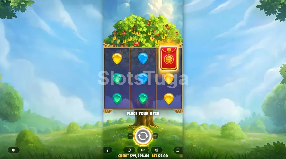 Jogo base da Lucky Fortune Tree com símbolos de caixa e coletor na grade 3x3