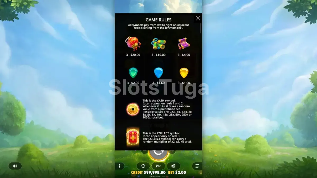 Tabela de pagamentos da Lucky Fortune Tree mostrando valores dos símbolos e multiplicadores