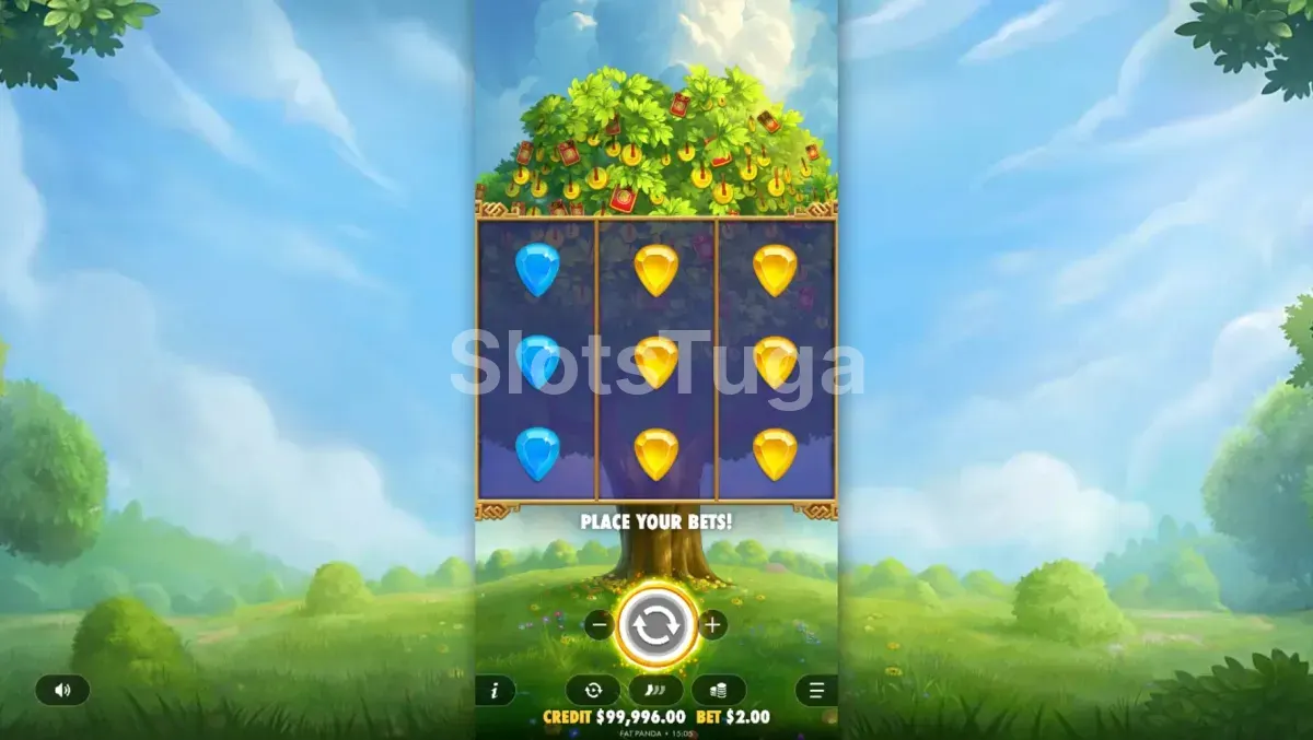 Segundo exemplo de rodada base na Lucky Fortune Tree com símbolo de Cash visível