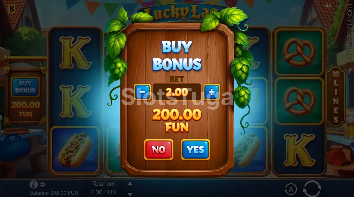 Opção de compra de bônus da Lucky Lager X9990 custando 100x a aposta