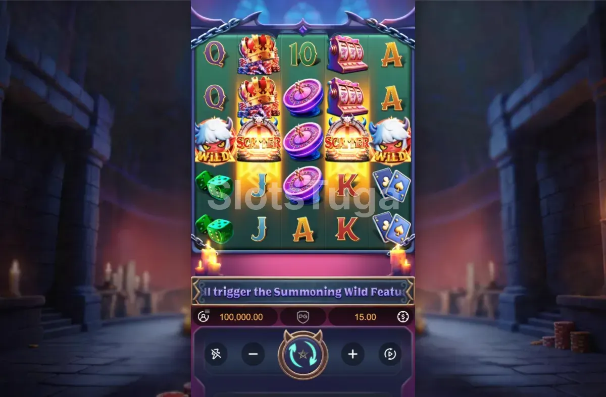Jogo base de Lucky Mischief com a grelha 5x5 no templo