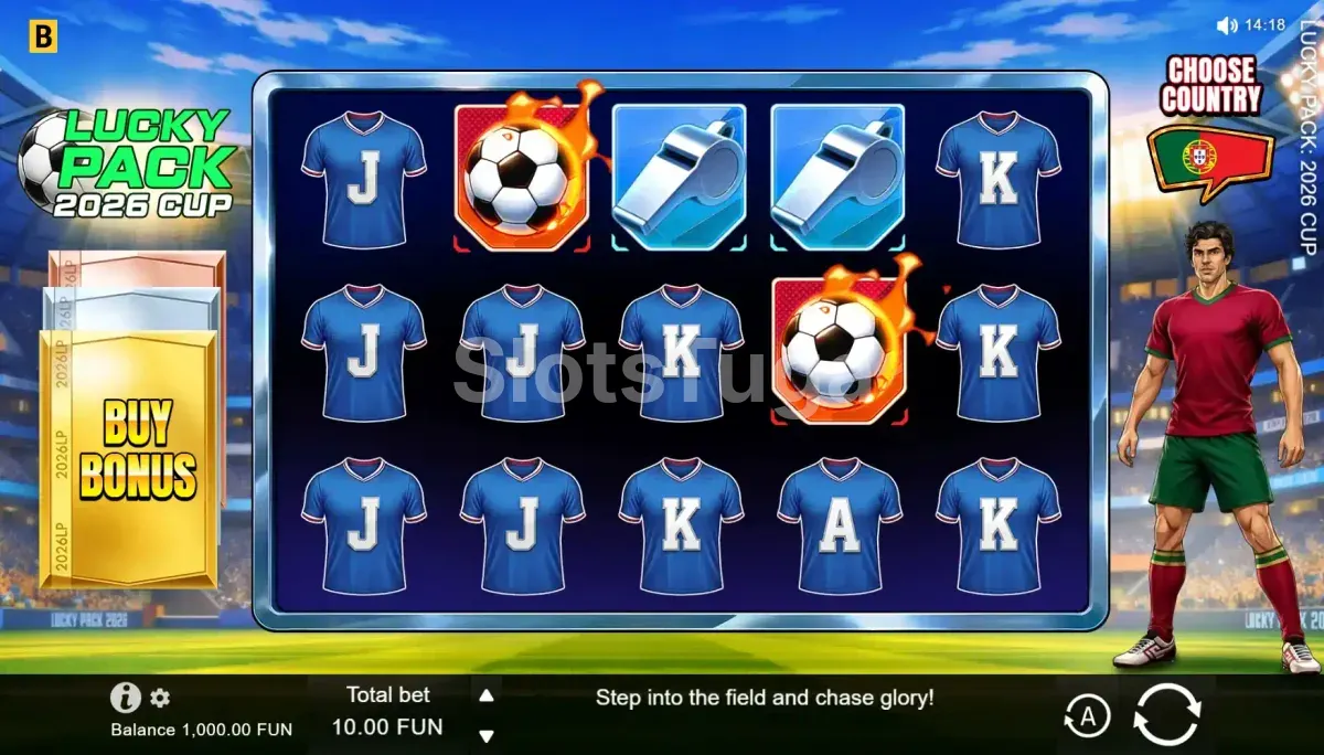 Jogo base da Lucky Pack 2026 Cup com temática de futebol