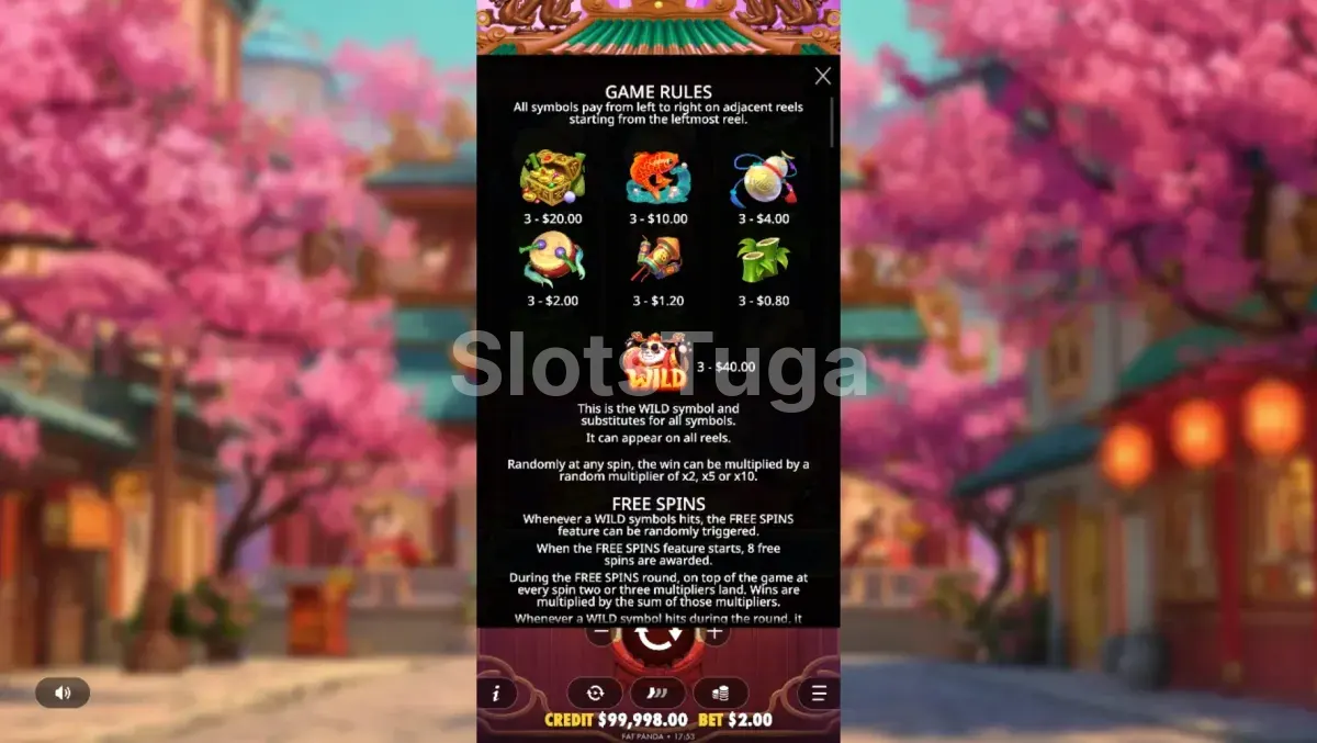 Tabela de pagamentos da Lucky Panda com todos os símbolos e prêmios