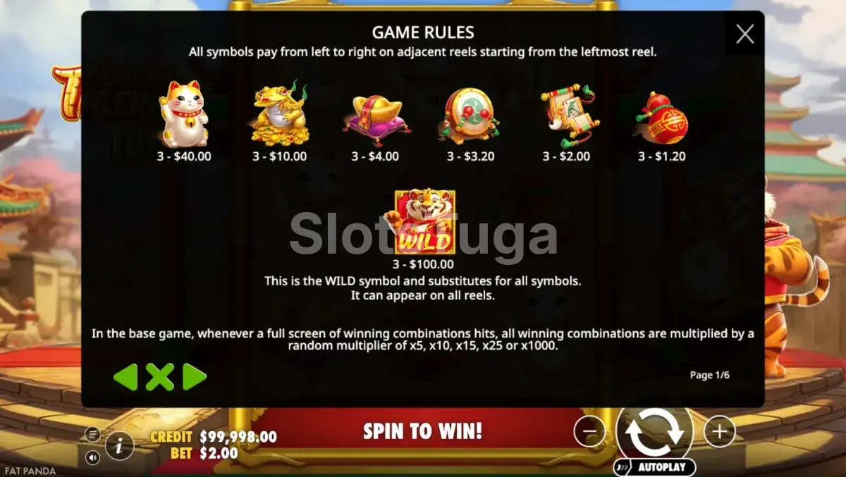 Tabela de pagamentos da Lucky Tiger 1000 com todos os símbolos e multiplicadores