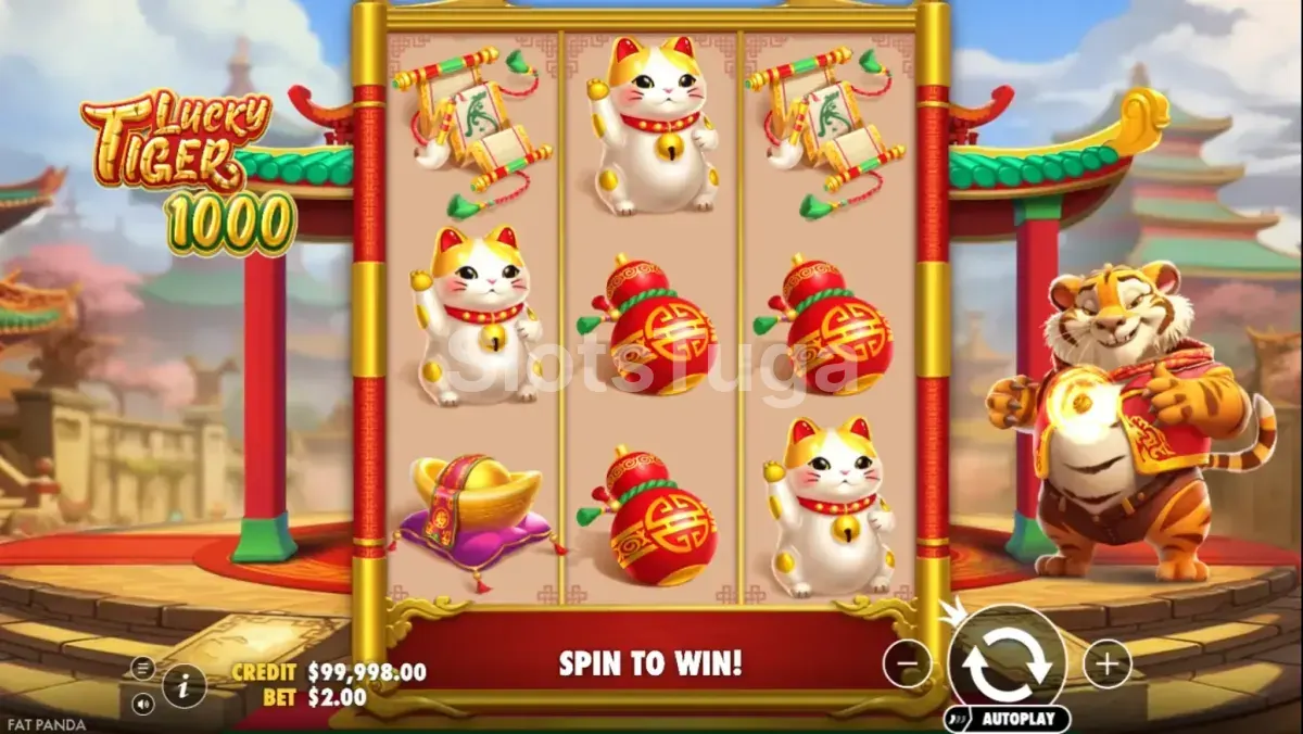 Tela principal do jogo Lucky Tiger 1000 com os rolos em ação