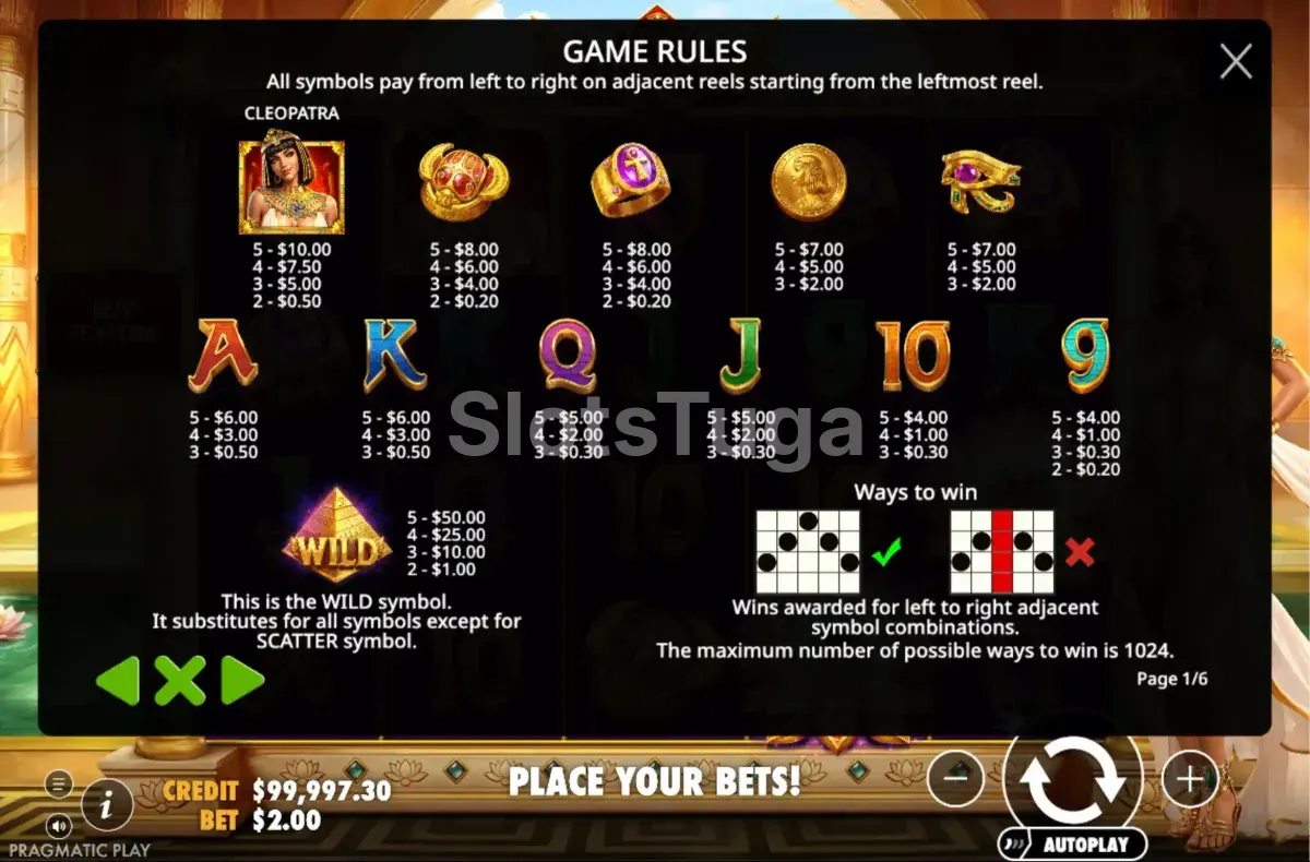 Tabela de pagamentos da slot Luxor of Cleopatra