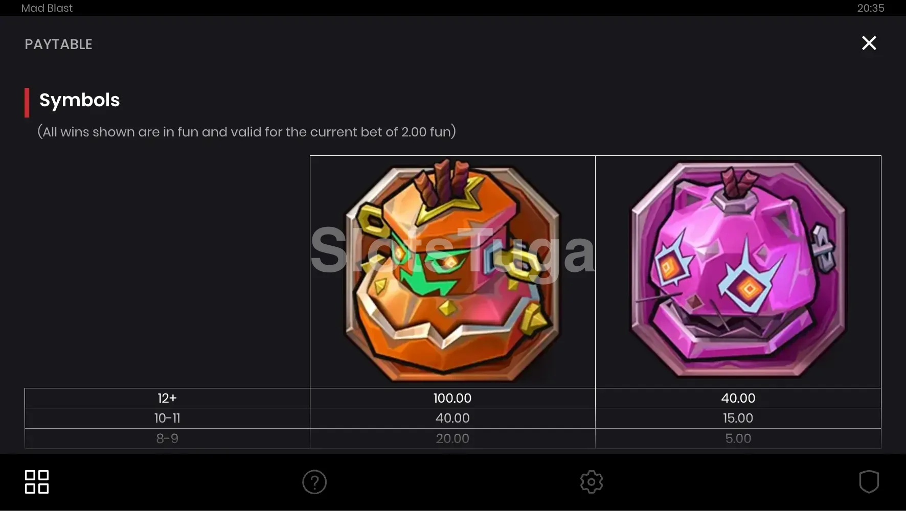Tabela de pagamentos do Mad Blast com todos os símbolos