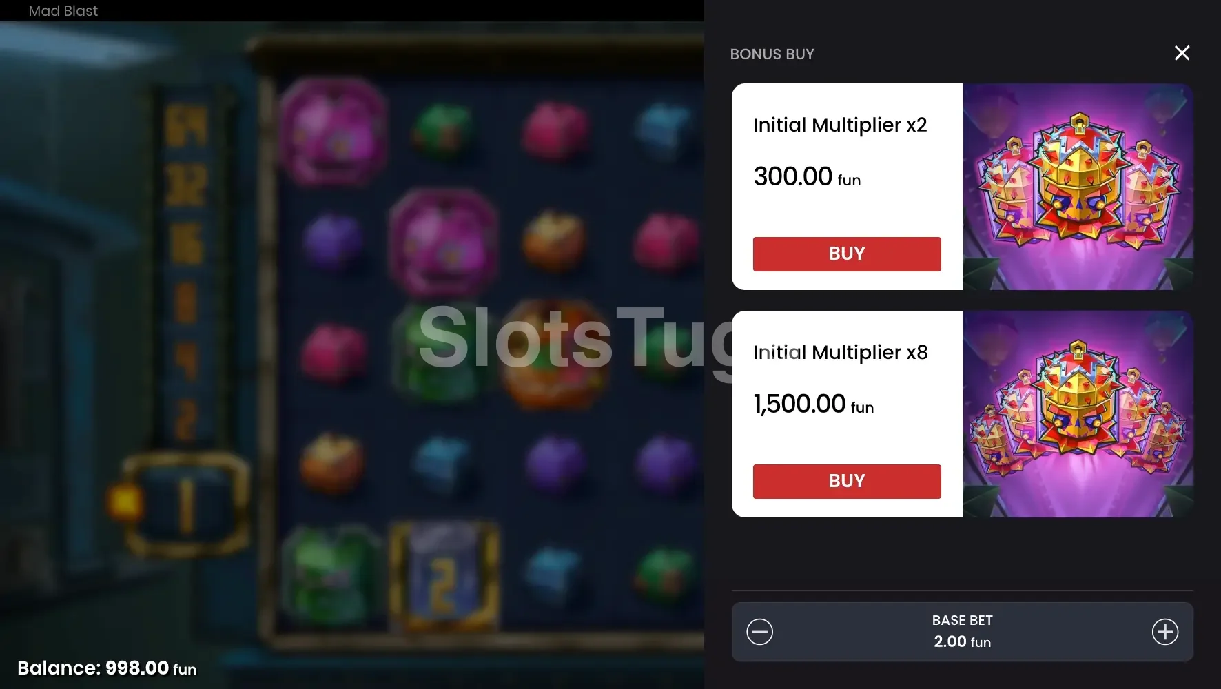 Tela de compra de bônus do Mad Blast com opções disponíveis