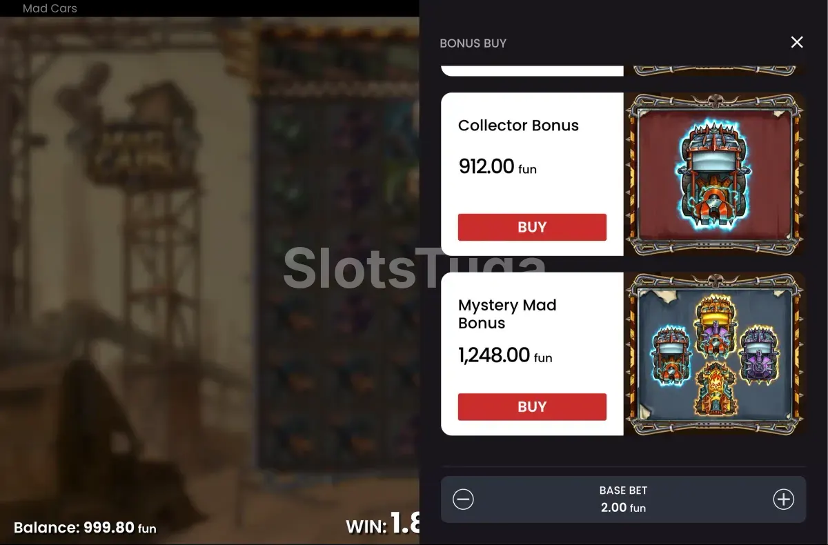 Tela de compra de bônus da slot Mad Cars com opções de preço