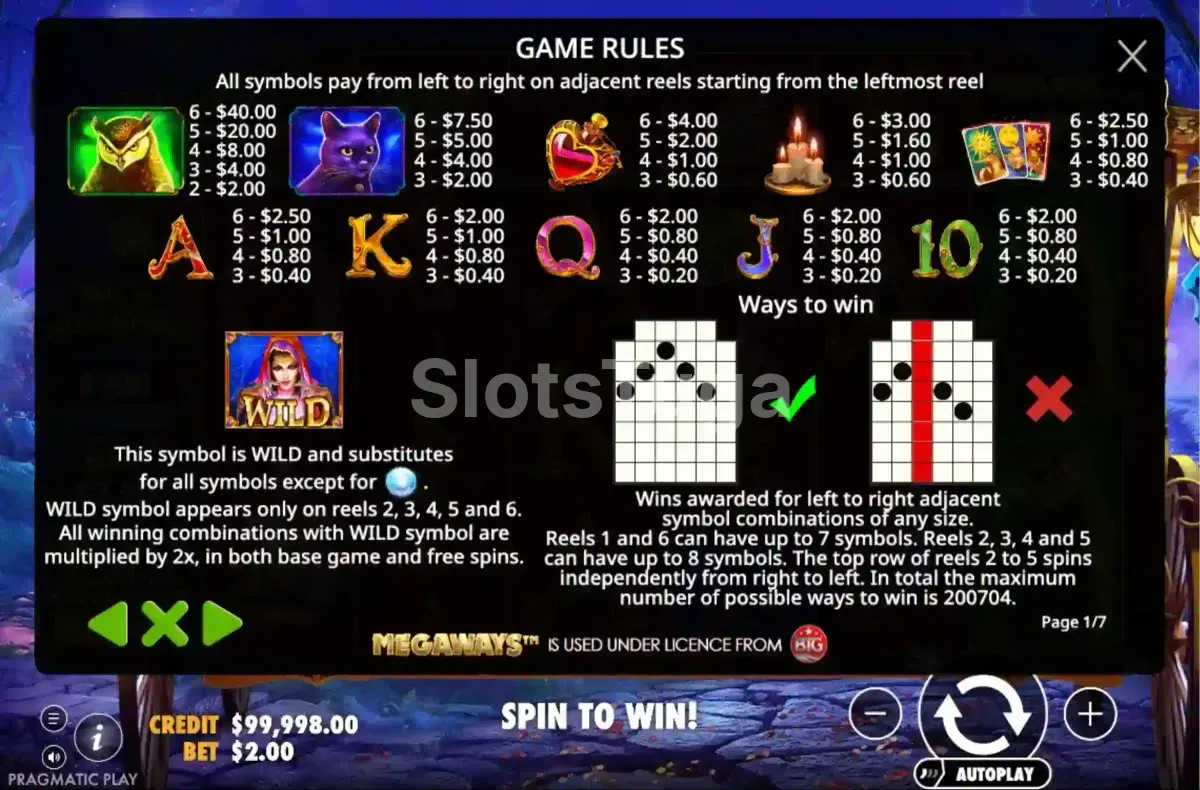 Tabela de pagamentos da Madame Destiny Megaways mostrando símbolos e prêmios