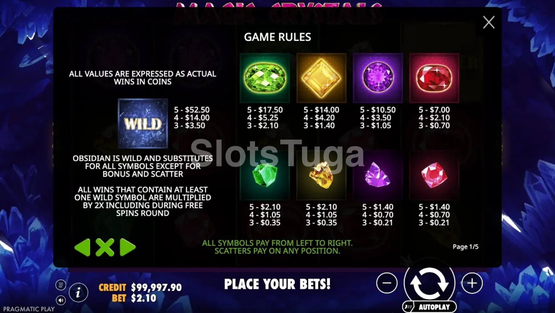 Tabela de pagamentos da slot Magic Crystals mostrando o valor de cada símbolo