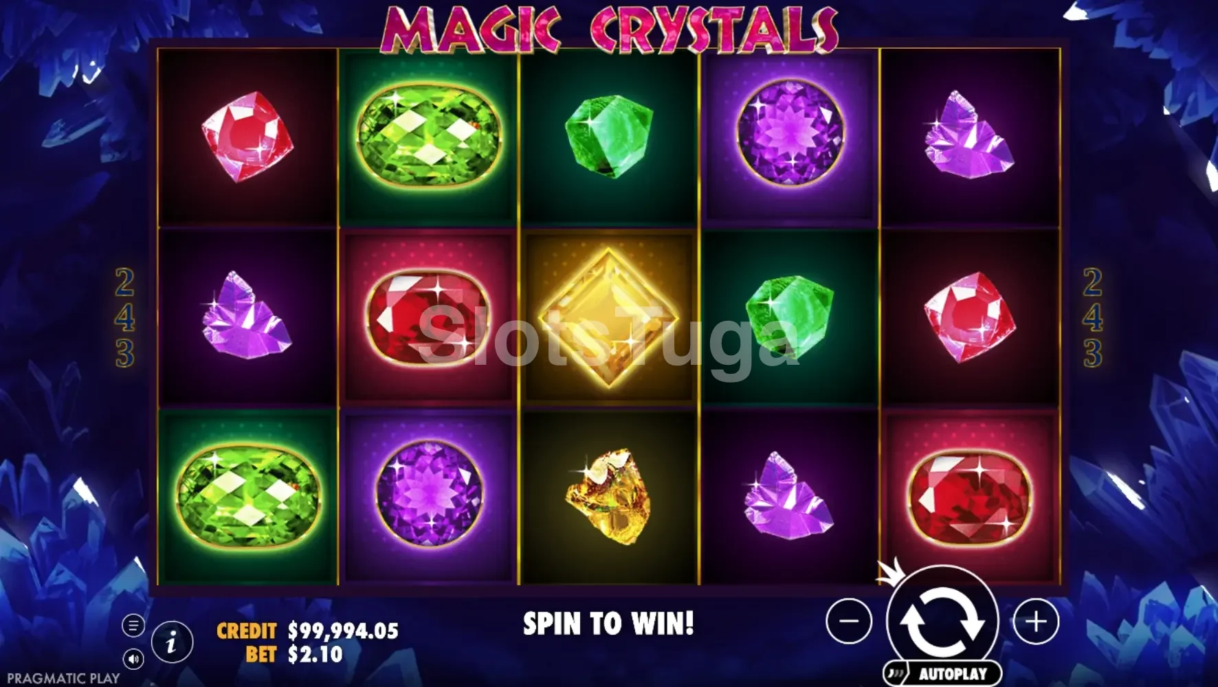 Tela principal da slot Magic Crystals com os cristais coloridos nos rouleaux