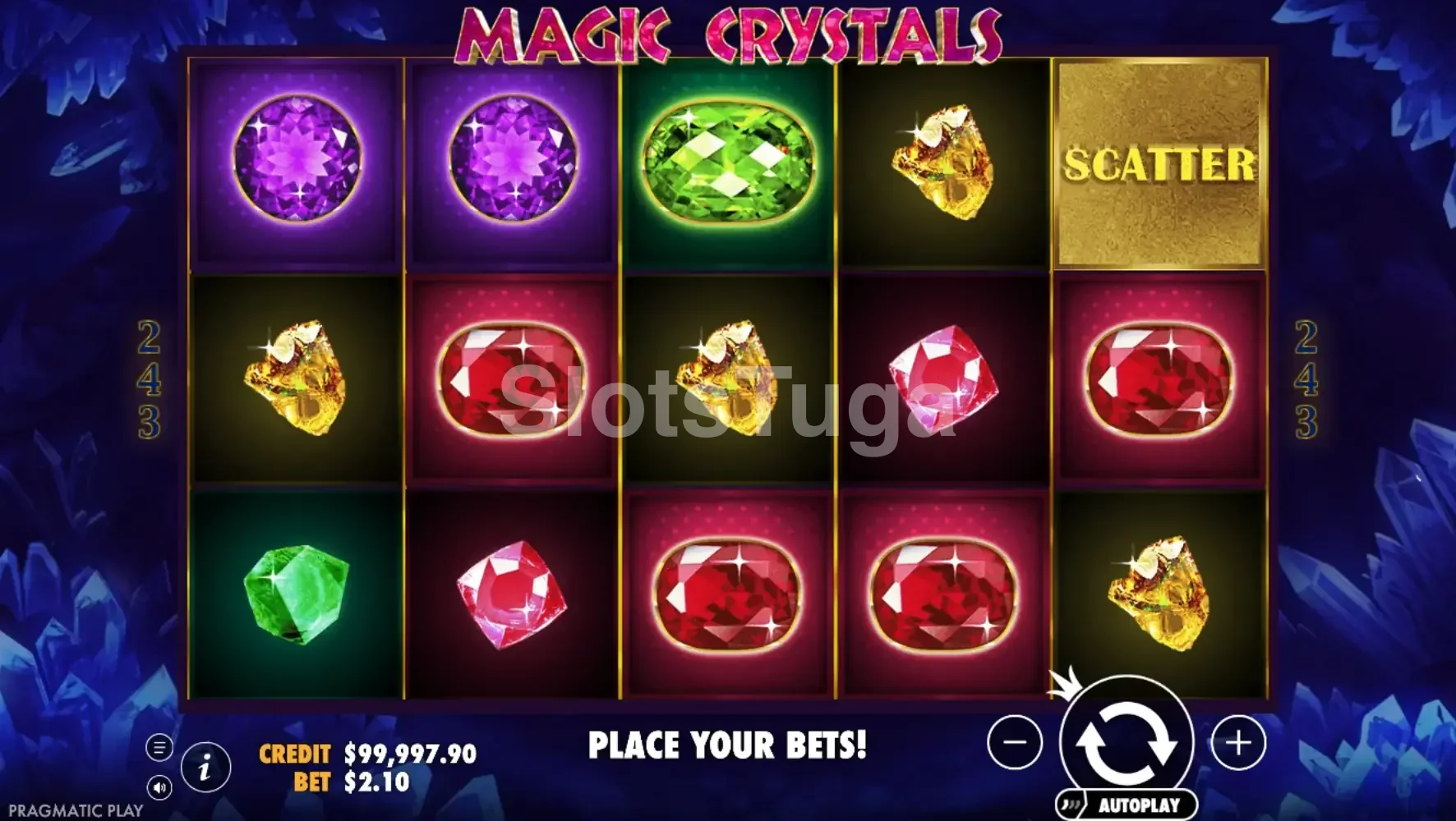 Rodadas grátis ativas na slot Magic Crystals com múltiplos cristais na tela