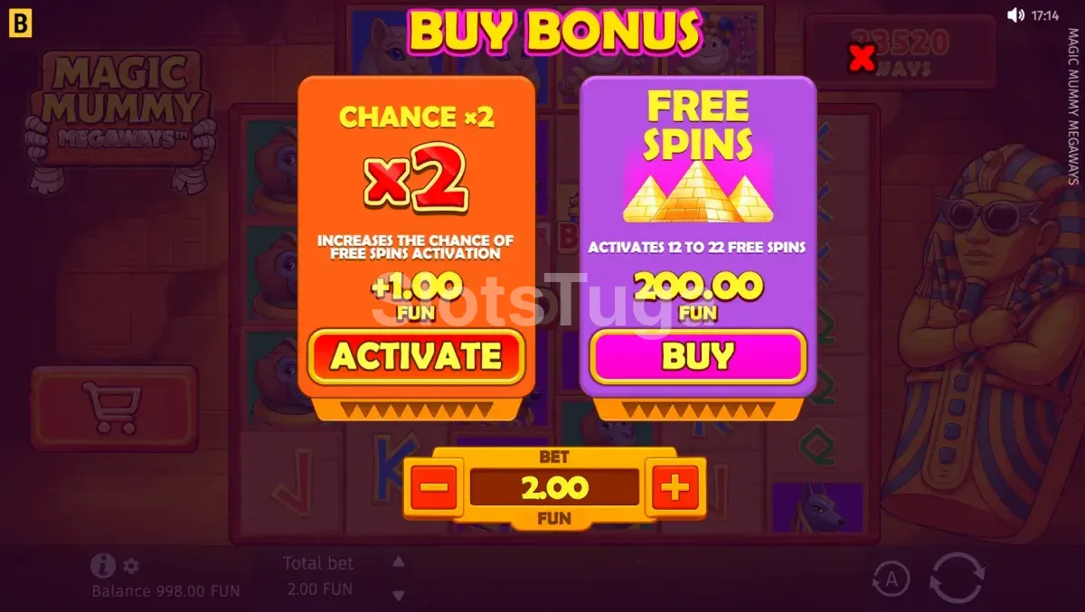 Opção de compra de bônus do Magic Mummy Megaways disponível na tela